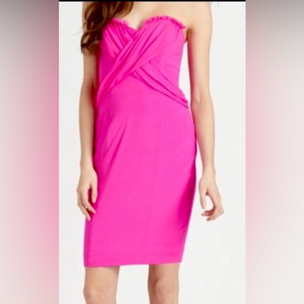 Jay Godfrey Silk Ruched Strapless Fringed  Hot Pink Mini Dress Sleeveless size 2